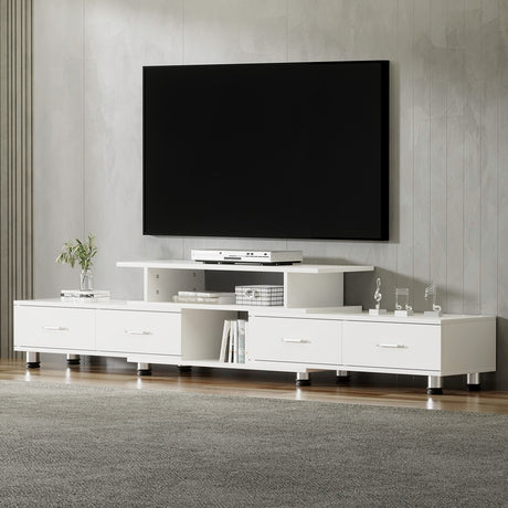 Bicheno white extendable three in one entertainment unit with four drawers in a modern living room