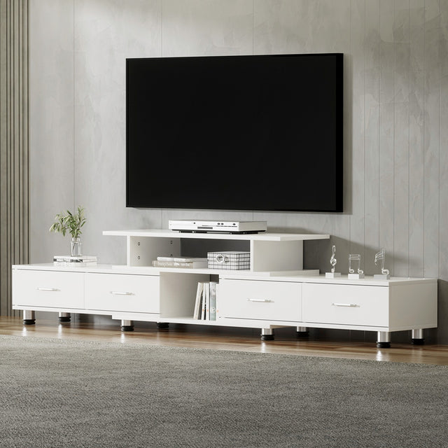Bicheno white extendable three in one entertainment unit with four drawers in a modern living room