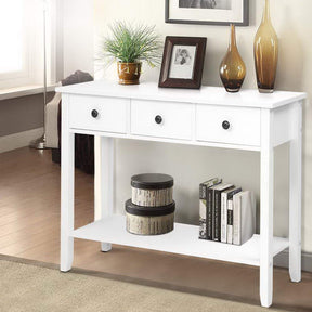 Horsens 100cm white console table with three drawers in a hallway
