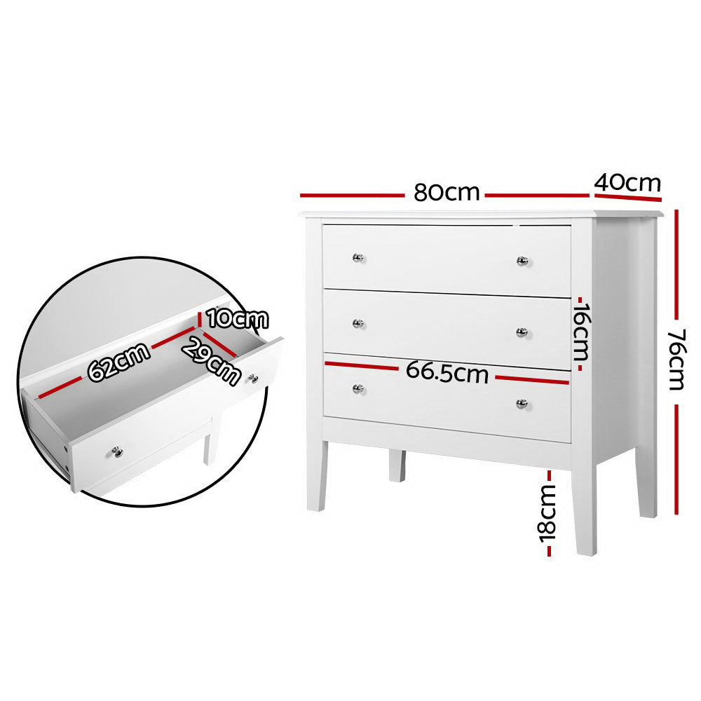 Artiss BRITTANY 3-Drawer Chest of Drawers in White — Provincial Charm — Allure Home Collections