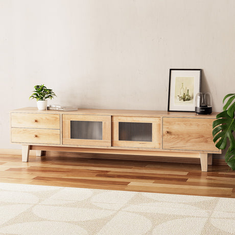 Devonport 180cm natural timber entertainment unit with drawers in a modern living room