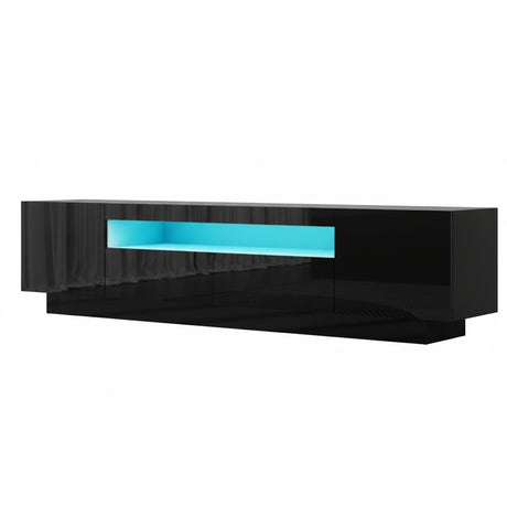 Launceston black high gloss LED entertainment unit with colour changing lighting in a modern living room