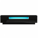 Launceston black high gloss LED entertainment unit with colour changing lighting in a modern living room