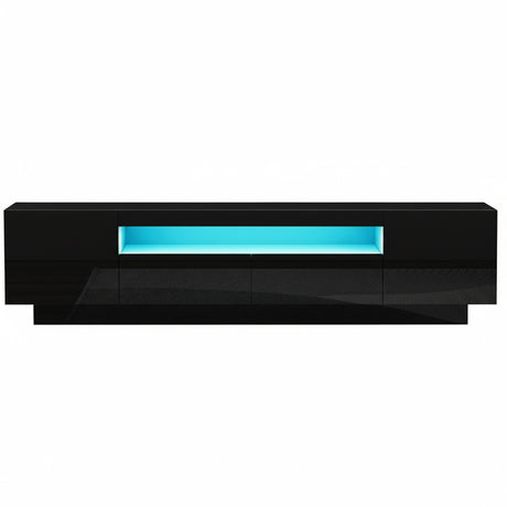 Launceston black high gloss LED entertainment unit with colour changing lighting in a modern living room