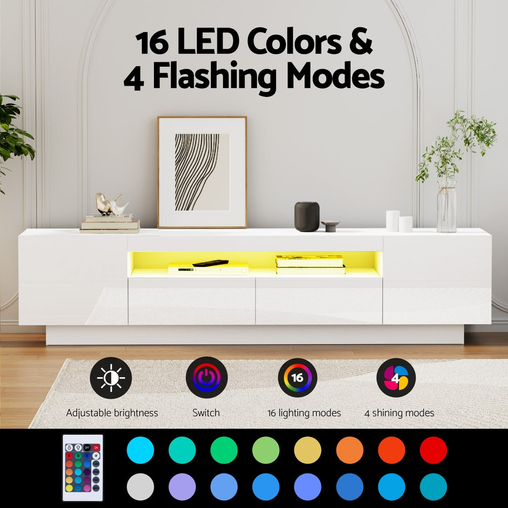 Launceston white high gloss LED entertainment unit with colour changing lighting in a modern living room