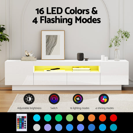 Launceston white high gloss LED entertainment unit with colour changing lighting in a modern living room