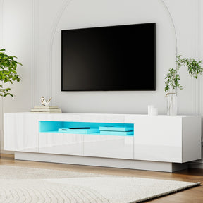 Launceston white high gloss LED entertainment unit with colour changing lighting in a modern living room