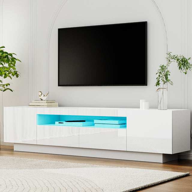 Launceston white high gloss LED entertainment unit with colour changing lighting in a modern living room
