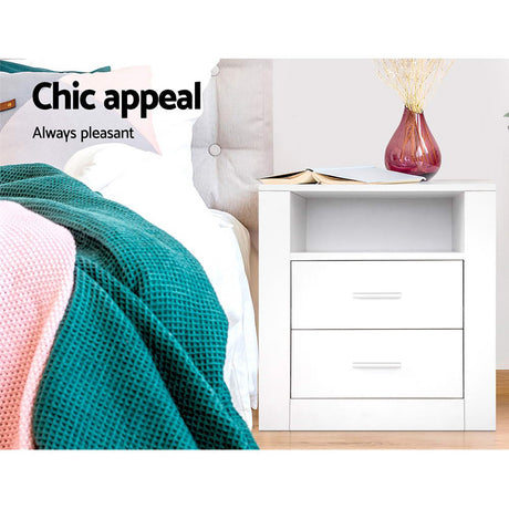 Pottsville Beach 2 Drawer Shelf Bedside Table, White 2pcs
