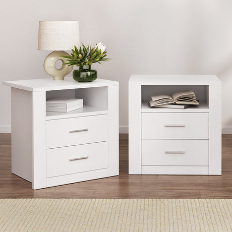 Pottsville Beach 2 Drawer Shelf Bedside Table, White 2pcs