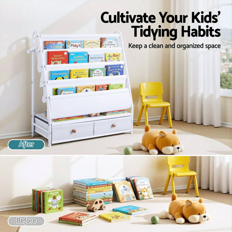 Kids Metal Bookshelf with Fabric Drawers, White
