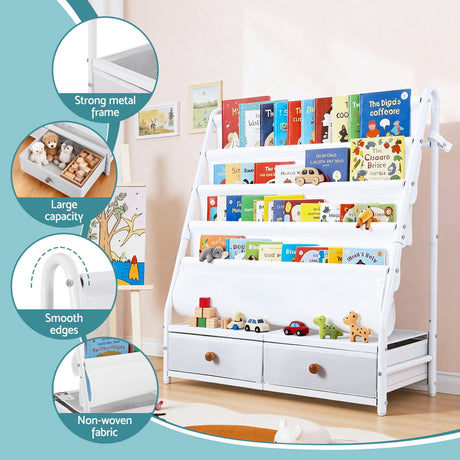 Kids Metal Bookshelf with Fabric Drawers, White