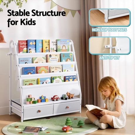 Kids Metal Bookshelf with Fabric Drawers, White