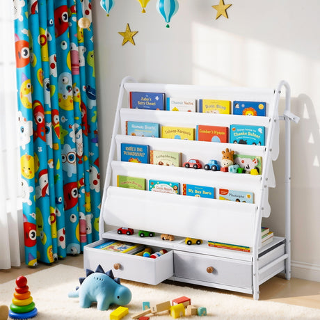 Kids Metal Bookshelf with Fabric Drawers, White