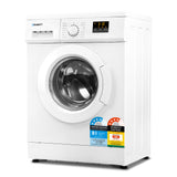 White 8 kg front load washing machine, front view with transparent door