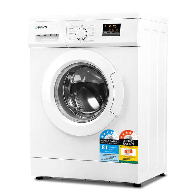 White 8 kg front load washing machine, front view with transparent door