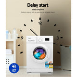 Dimension view of the white 8 kg front load washing machine