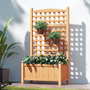 Brown wooden raised garden bed with tall climbing trellis planted with flowers