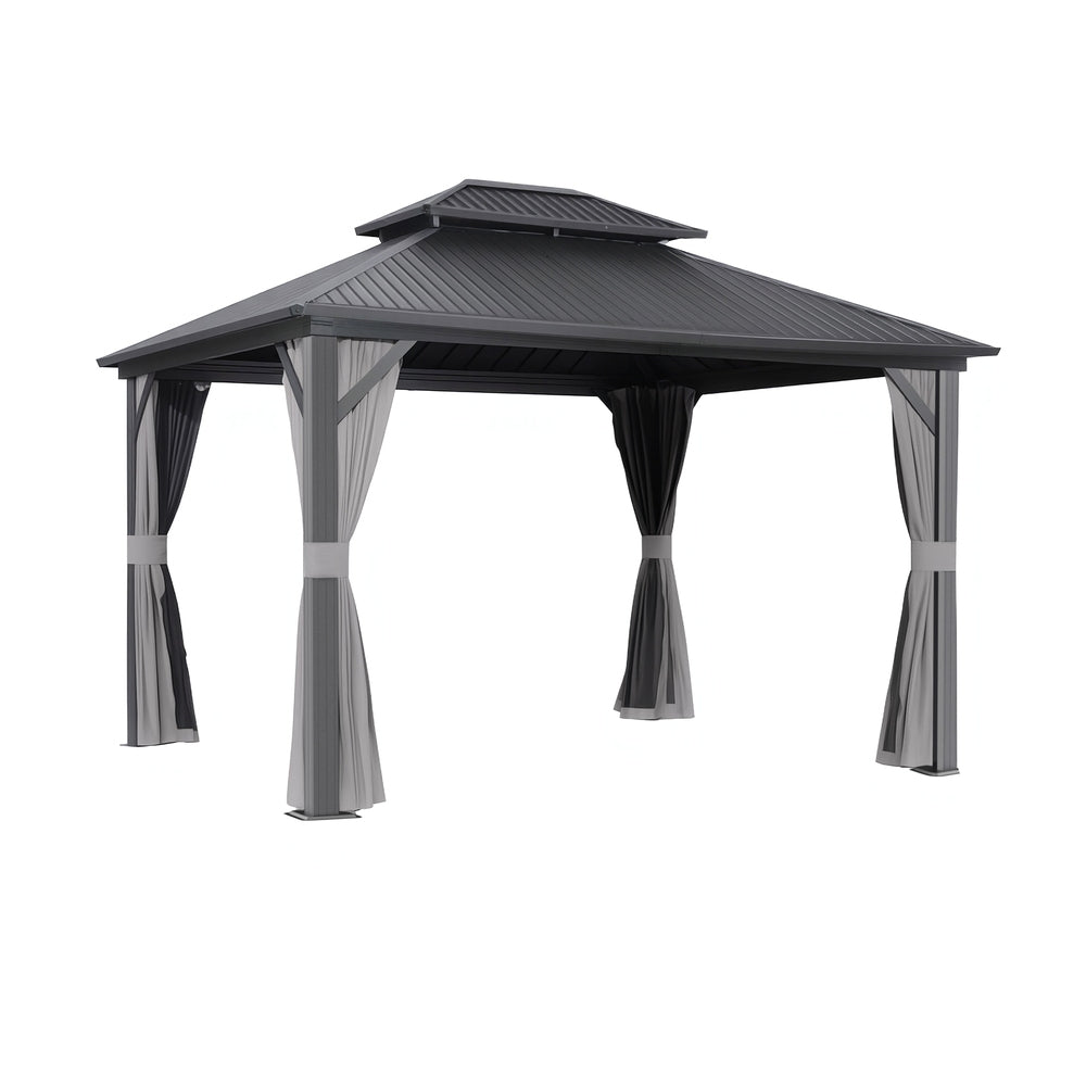 Grey hard top gazebo 3 x 3.65 m with double roof set up on a patio