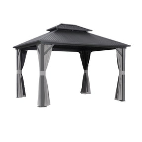 Grey hard top gazebo 3 x 3.65 m with double roof set up on a patio
