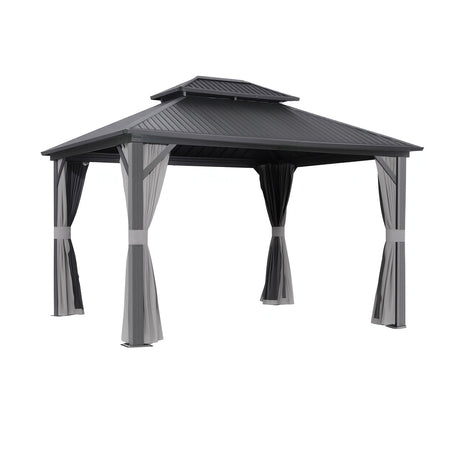 Grey hard top gazebo 3 x 3.65 m with double roof set up on a patio