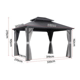 Gazebo with mesh walls and curtains drawn closed around the frame