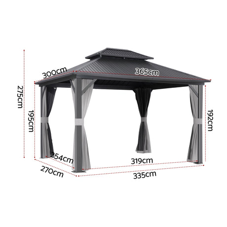Gazebo with mesh walls and curtains drawn closed around the frame