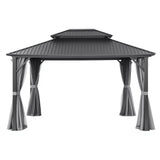 Curtain tied back on the aluminium gazebo showing the open side