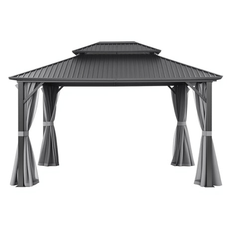 Curtain tied back on the aluminium gazebo showing the open side