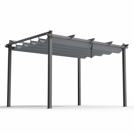 Grey 3 x 4 m aluminium pergola gazebo with adjustable canopy on a patio