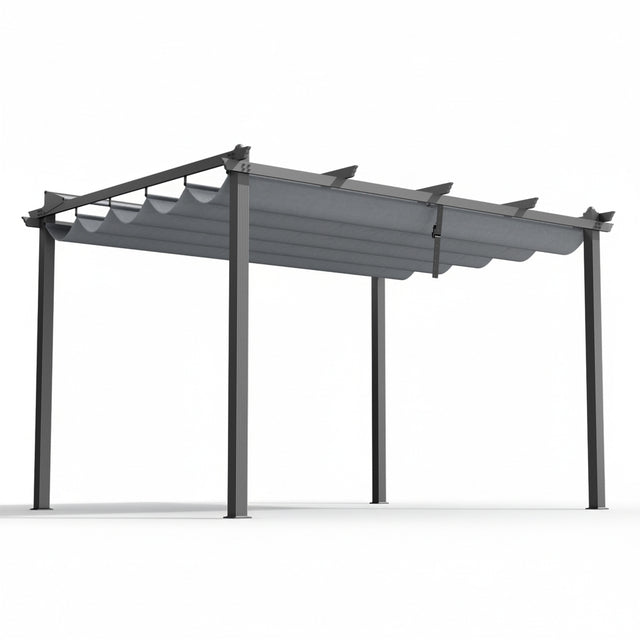 Grey 3 x 4 m aluminium pergola gazebo with adjustable canopy on a patio