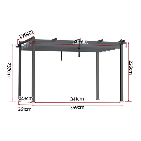 Angled view of the grey aluminium pergola gazebo and its roof canopy