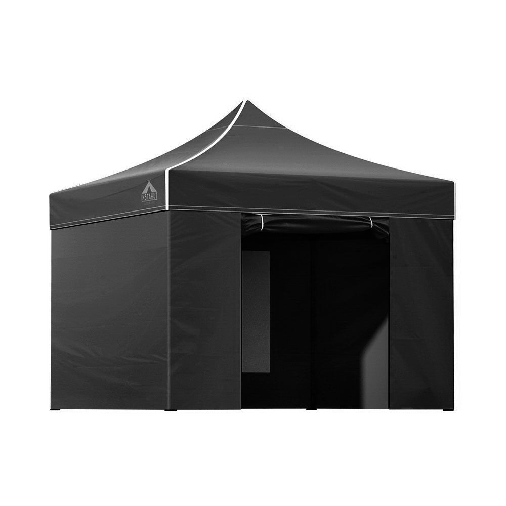 Black pop up gazebo shown fully enclosed with all walls attached