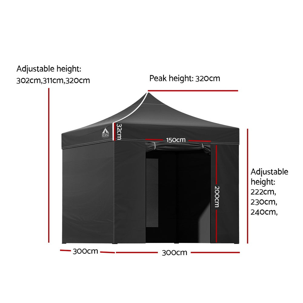 Black gazebo with the zipped door panel open at the front