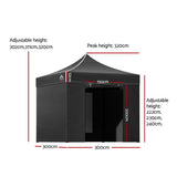 Black gazebo with the zipped door panel open at the front