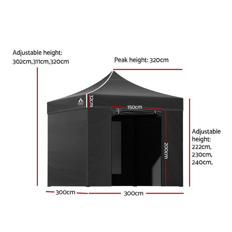 Black gazebo with the zipped door panel open at the front