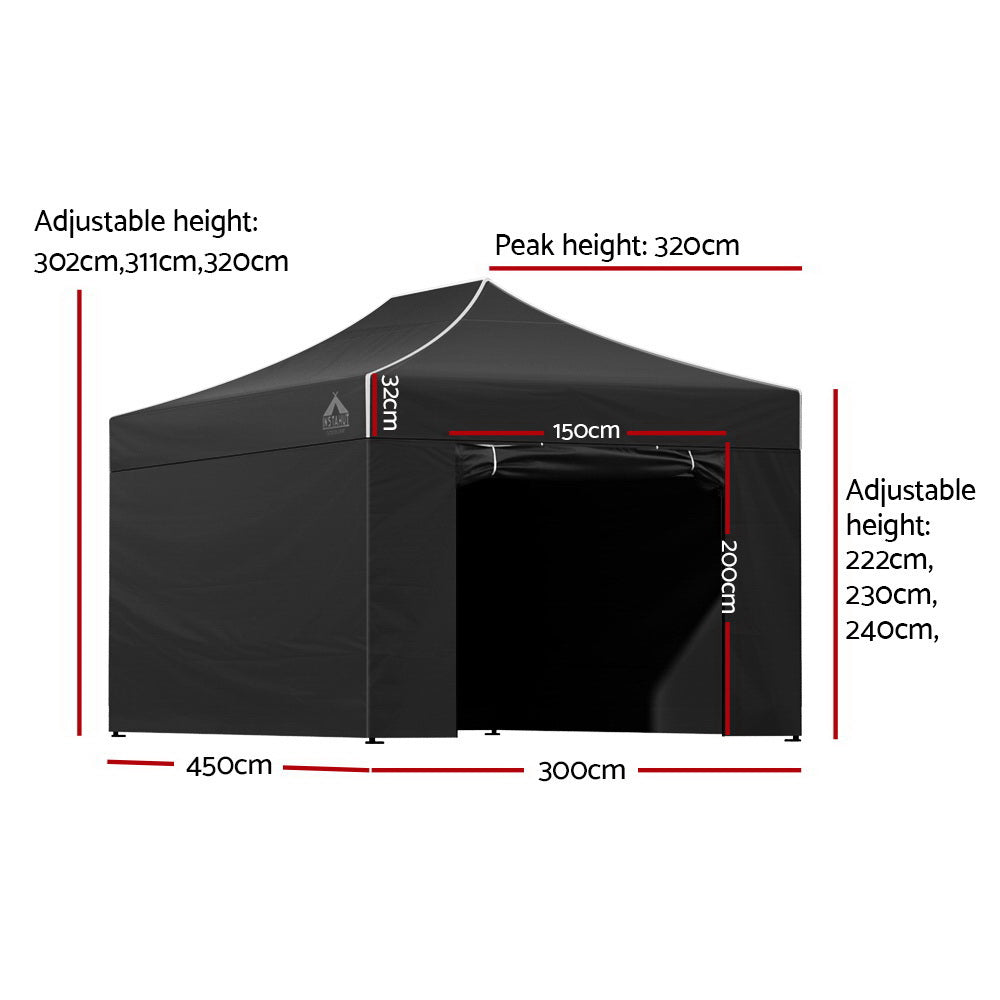 Black folding marquee tent with side walls open showing the covered area inside
