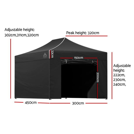 Black folding marquee tent with side walls open showing the covered area inside