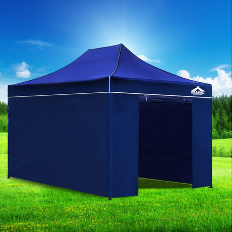 Sandbag, ropes and pegs supplied with the blue 3 x 4.5 m pop up gazebo