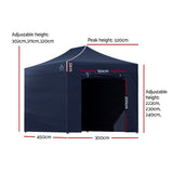 Navy folding marquee with side walls fitted and the zip door panel open