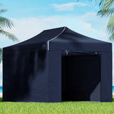 Navy 3 x 4.5 m pop up gazebo set up outdoors with powder coated steel frame