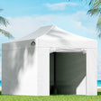 White 3 x 4.5 m pop up gazebo set up outdoors with steel frame and canopy