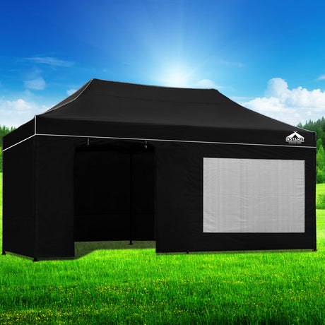 Sandbags, ropes and pegs supplied with the black 3 x 6 m pop up gazebo