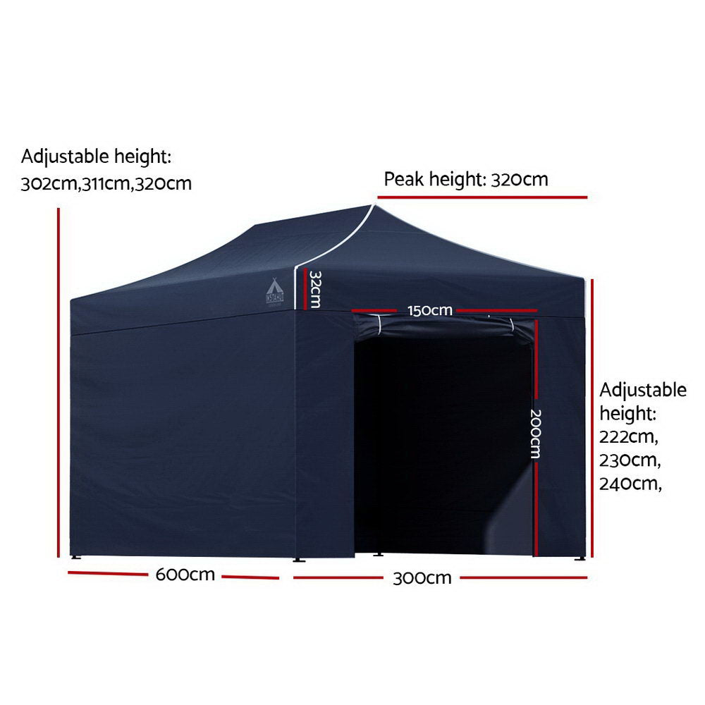 Navy folding marquee tent with side walls rolled open showing the space inside