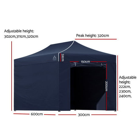 Navy folding marquee tent with side walls rolled open showing the space inside