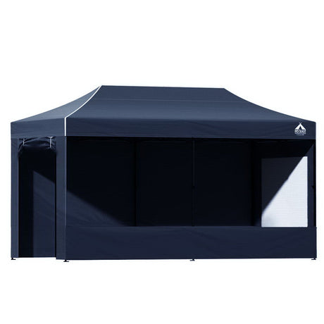 Dimension diagram of the navy 6 x 3 m gazebo showing the three height settings