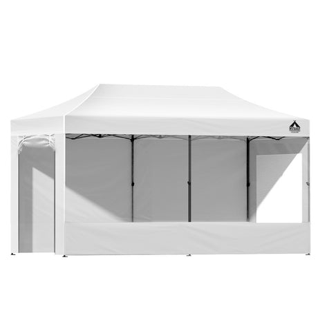 Dimension diagram of the white 6 x 3 m gazebo showing the three height settings