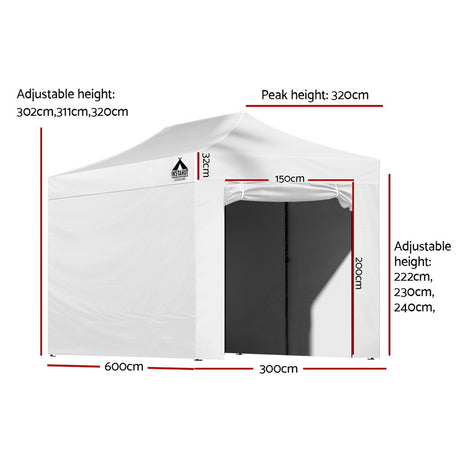 White folding marquee tent with side walls rolled open showing the space inside