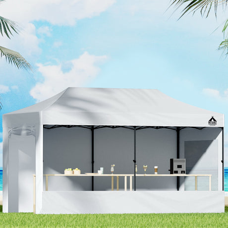 White 6 x 3 m pop up gazebo fully enclosed with all side walls fitted