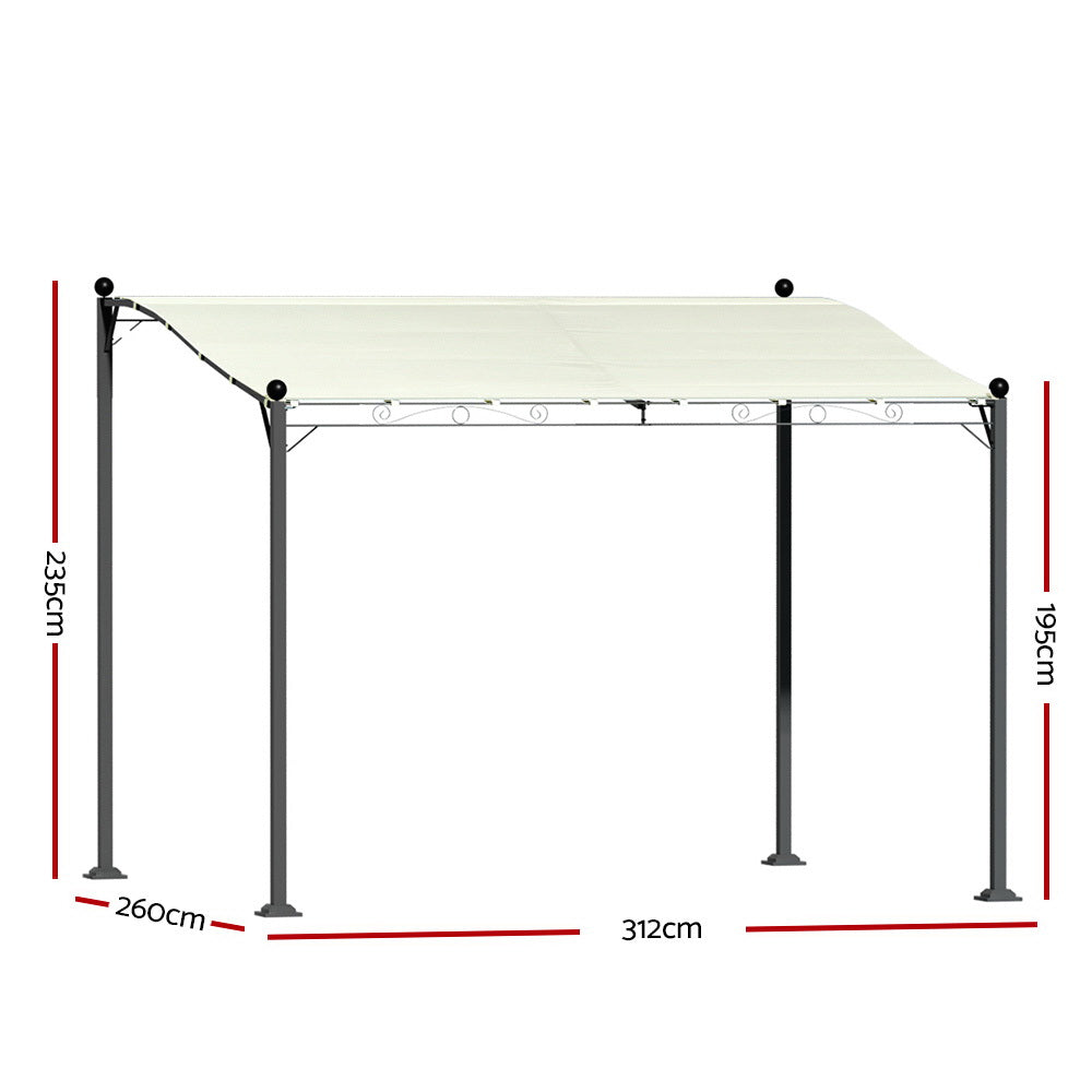 Angled view of the beige iron art garden gazebo and its canopy